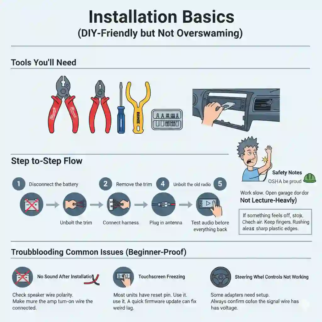 A diagram showing the basic steps and tools for DIY car stereo installation. The central image is a dashboard with the trim removed, exposing the wires and the empty slot for the head unit. Surrounding the center are icons representing the Tools You’ll Need (wire crimpers, screwdrivers, panel poppers) and a four-step flowchart for the Step-by-Step Flow (Disconnect Battery $\rightarrow$ Remove Trim $\rightarrow$ Connect Harness $\rightarrow$ Test Audio). Below this are short bullet points addressing Troubleshooting Common Issues like "No Sound" and "Screen Freezing." The overall visual theme is practical and hands-on, emphasizing that the process is DIY-Friendly.