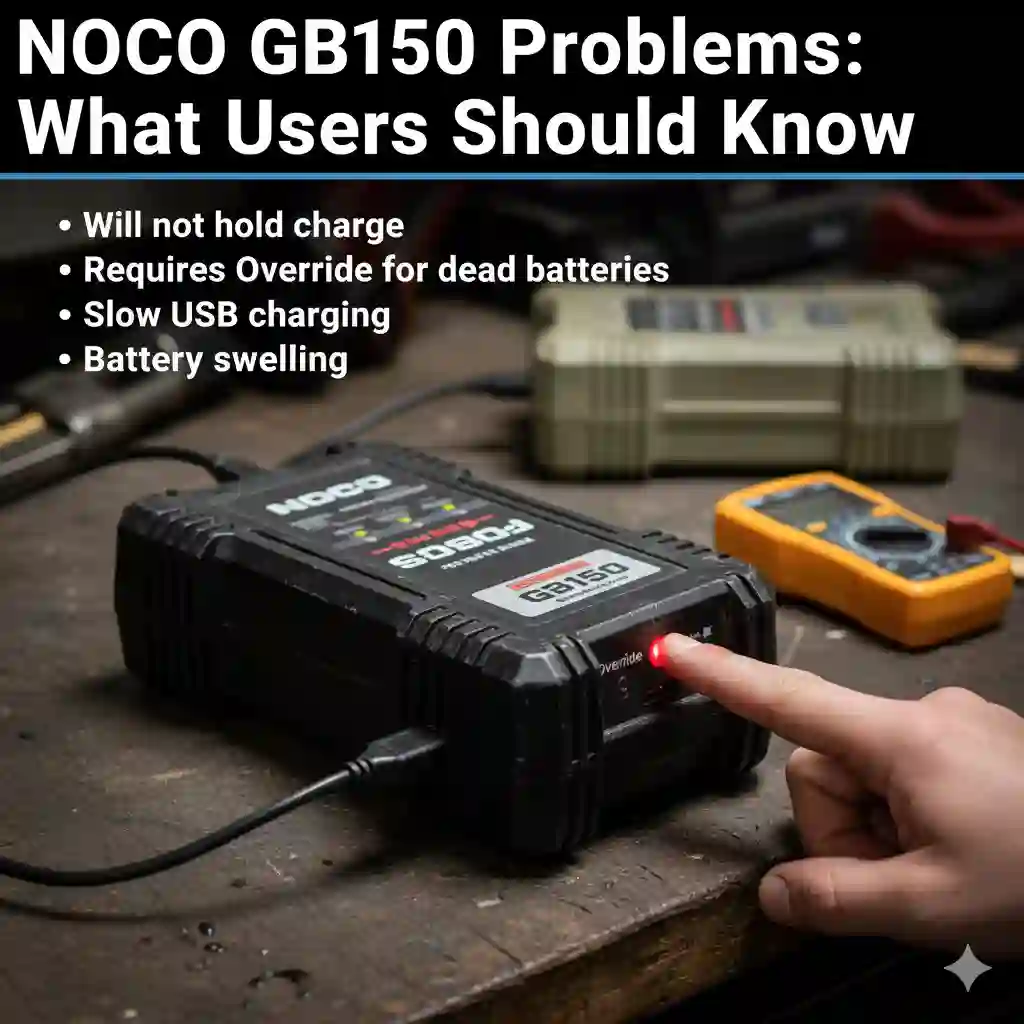 Close-up photo detailing a rugged, well-used NOCO Boost GB150 jump starter resting on a truck's tailgate next to work gloves and jumper cables. The image is split to illustrate common user issues: a faint charging indicator suggesting slow charge, and the need to use the manual Override button (highlighted) when connecting to a completely dead battery.