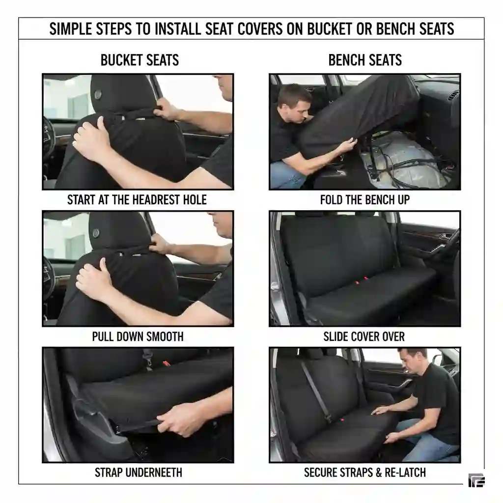 A six-panel instructional image titled "SIMPLE STEPS TO INSTALL SEAT COVERS ON BUCKET OR BENCH SEATS." The left column, "BUCKET SEATS," shows three steps: START AT THE HEADREST HOLE: A person's hands are placing a black seat cover over the headrest posts. PULL DOWN SMOOTH: The person is pulling the cover down the back of the seat, smoothing it out. STRAP UNDERNEATH: The person is kneeling and attaching a strap underneath the bottom of the bucket seat. The right column, "BENCH SEATS," shows three corresponding steps for rear bench seats: FOLD THE BENCH UP: A person is folding the car's rear bench seat forward, revealing the car's floor and wiring. SLIDE COVER OVER: The black seat cover is fully placed over the rear bench seat. SECURE STRAPS & RE-LATCH: The person is pushing and smoothing the newly covered bench seat back into its latched position. 