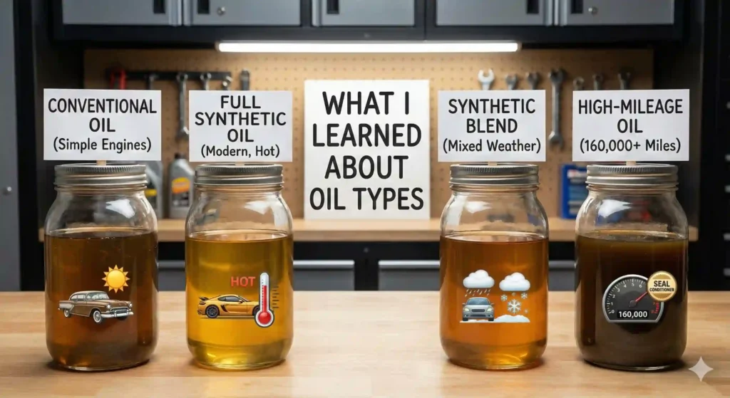 A photograph shows four glass mason jars filled with engine oil of varying color and clarity, lined up on a wooden workbench in a garage. A central white sign reads, "WHAT I LEARNED ABOUT OIL TYPES." From left to right, the first jar is labeled "CONVENTIONAL OIL (Simple Engines)" with a graphic of a classic car and sun; the second is "FULL SYNTHETIC OIL (Modern, Hot)" with a sports car, thermometer, and "HOT"; the third is "SYNTHETIC BLEND (Mixed Weather)" with a car, rain, and snow clouds; and the fourth is "HIGH-MILEAGE OIL (160,000+ Miles)" with an odometer showing "160,000" and a seal conditioner graphic. Tools are visible on a pegboard in the background.