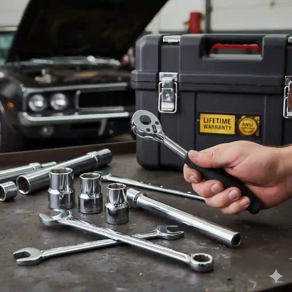 A hand holds a ratchet above a workbench with various wrenches and sockets, with a car and toolbox in the background.