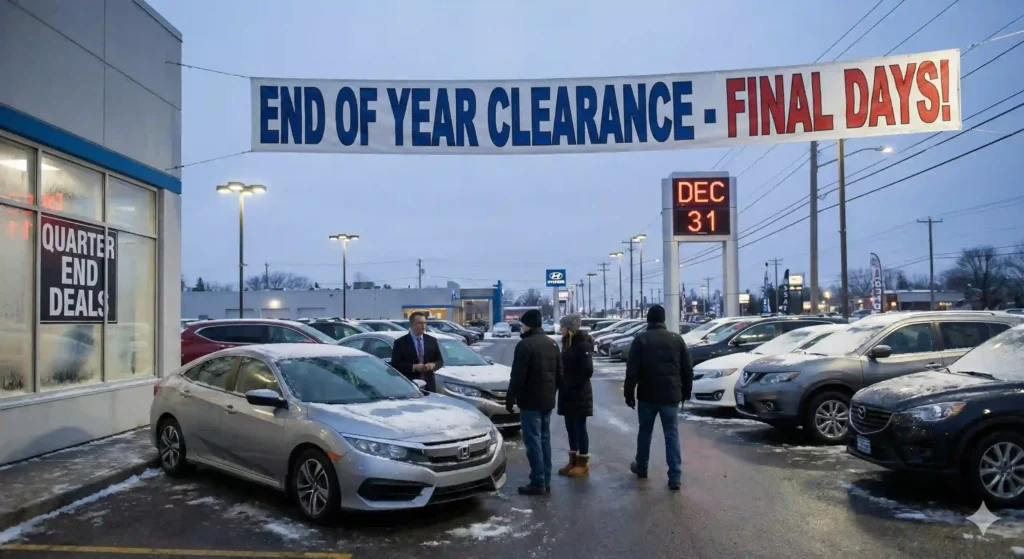 A photo of a car dealership lot at dusk in winter, with snow on the ground and on cars. A banner above reads "END OF YEAR CLEARANCE - FINAL DAYS!". A digital sign shows "DEC 31" and "7:15 PM". A window sign says "QUARTER END DEALS". A salesperson in a suit is talking to three bundled-up customers looking at a silver sedan.