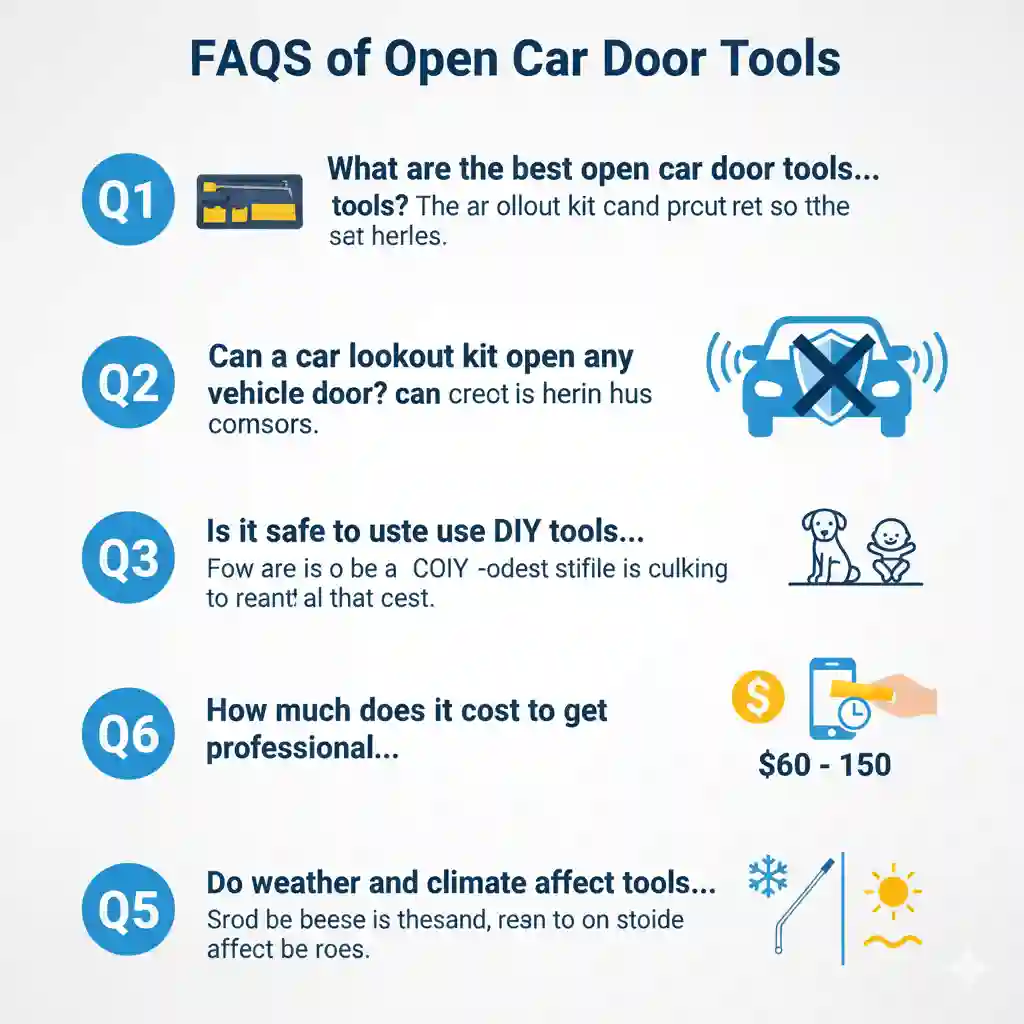 An informational graphic titled "FAQs of Open Car Door Tools". The image features a mechanic standing next to a vehicle holding a long-reach rod and an air wedge. Three visual call-out bubbles highlight the key topics from the text: one showing a 'Safety' shield icon near the door seal, another displaying a 'Cost' symbol (referencing professional service prices), and a third showing split 'Weather' icons (sun and snowflake) to illustrate climate effects. The background is a blurred driveway setting.