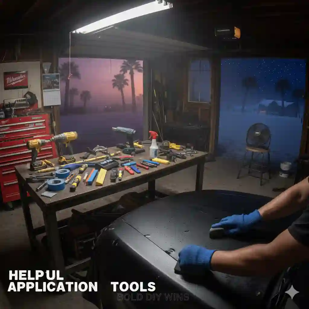 An immersive, wide-angle shot of a workshop garage interior at night. The foreground shows a person's hands wearing blue vinyl wrapping gloves, smoothing a large, dark car panel (possibly the hood) with a squeegee tool. The car panel has water droplets on it. A sturdy workbench sits in the middle, cluttered with various car wrapping and DIY tools, including Milwaukee and DeWalt power tools (drills), several squeegees, measuring tapes, blades, marking tools, spray bottles, and utility knives. A red Milwaukee tool chest is visible on the left. The garage door is divided into two dramatic views: the left opening shows a sunset or sunrise over palm trees in a warm, purple-pink light, representing a hot, humid location (like Florida). The right opening shows a cold, snowy, dark night scene with a farmhouse and more distant palm trees, representing a cold location (like Minnesota). A simple black fan rests on a stool on the right. The floor text reads: "BOLD DIY WINS". The image powerfully illustrates the core theme of DIY car wrapping challenges across different climates.