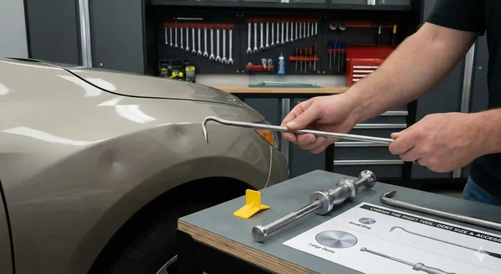 A person’s hands hold a curved metal paintless dent repair rod, demonstrating its use for car dent repair. In the foreground on a table, other dent repair tools and a diagram illustrating different tools for various dent sizes and access points are visible. In the background, a light brown car with a dented fender is parked in a garage with a tool-lined wall.