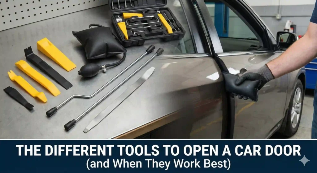 A split image shows various car lockout tools on a workbench and a person using an inflatable air wedge to open a car door. The tools include yellow and black plastic pry bars, a metal slim jim, long metal reach rods with rubber tips, an inflatable air pump wedge with a hand bulb, and a black plastic case containing a full lockout kit with assorted wedges and rods. On the right, a gloved hand inserts the black inflatable wedge between the door frame and weather stripping of a dark grey car. The title at the bottom reads, "THE DIFFERENT TOOLS TO OPEN A CAR DOOR (and When They Work Best)".